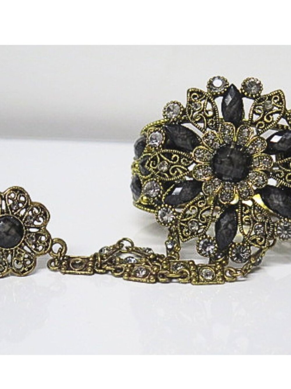 Estate Gothic Gold Tone Bracelet & Ring Black Crystal Filigree Statement